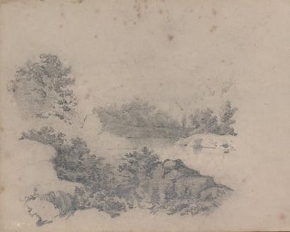 EDMOND PETITJEAN Étude de paysage, au dos personnages sur un pont de bateau. Mine...