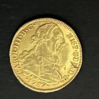 null [Bolivie]. 8 ESCUDOS Carlos III en or 875 ‰, 1787, DA.
Poids : 27,07 g.
