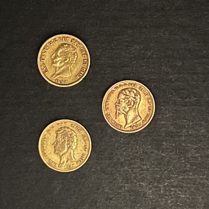 null [Italie, Royaume de Sardaigne]. 3 pièces en or 900‰ : 
- 20 LIRE Charles Félix,...