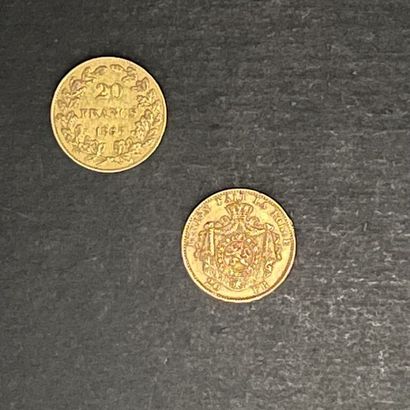 null [Belgique]. 2 pièces en or 900‰ : 
- 20 FRANCS Léopold Ier tête nue, 1865.
-...