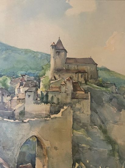 null Nicolas MARKOVITCH (1894-1964).
vue du village de Saint Cirq-Lapopie.
Aquarelle....