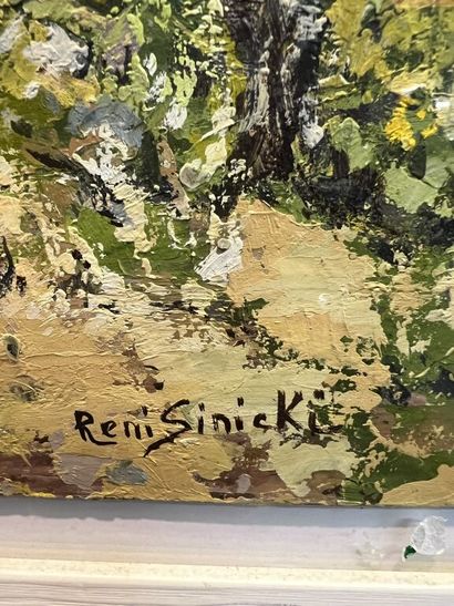 null René SINICKI(1910- ?).
Jeune fille aux arbres.
Huile sur panneau.
Signée en...