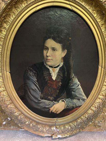 null French school of the end of the 19th century.
Portrait of a woman with a red...