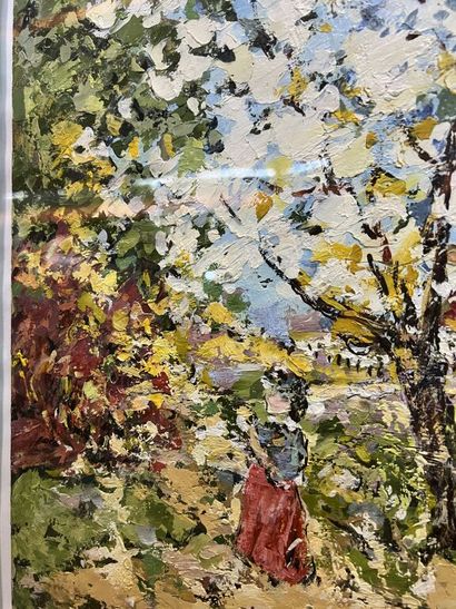 null René SINICKI(1910- ?).
Jeune fille aux arbres.
Huile sur panneau.
Signée en...