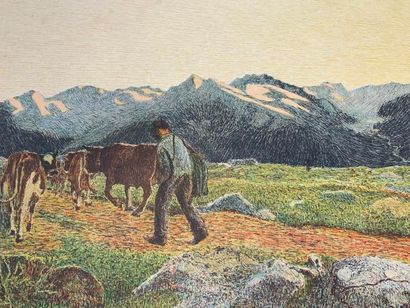 null After Giovanni SEGANTINI (1858-1899).
The return.
Lithograph in color cut in...