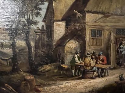 null In the taste of Teniers. 
Drinkers in front of an inn. 
Oil on panel. 
21 x...