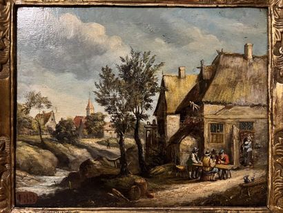 null In the taste of Teniers. 
Drinkers in front of an inn. 
Oil on panel. 
21 x...