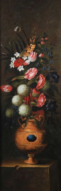 null French school of the XXth century.
Pair of large still lifes with fruits and...