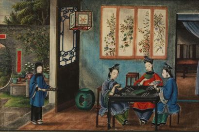 null * CHINA, Canton.
Two paintings on rice paper decorated with card players for...