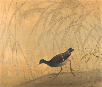 null * Uda TEKISON (宇田荻邨) (1896-1980).
Poule d'eau parmi des bambous et blés. 
Peinture...