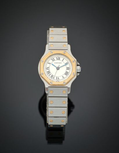 null CARTIER. Santos-Dumont model.
750 mm gold and steel ladies' wristwatch, circular...