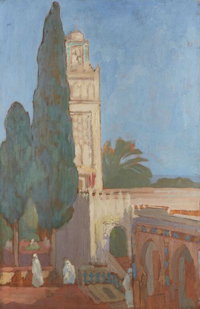 null Paul JOUVE (1878-1973).
Mosque and Cemetery of Hamma, Algiers, 1908.
Oil on...
