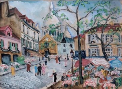 LUCIEN GENIN (1894-1953) Place du Tertre. Aquarelle gouachée sur traits de crayon,...