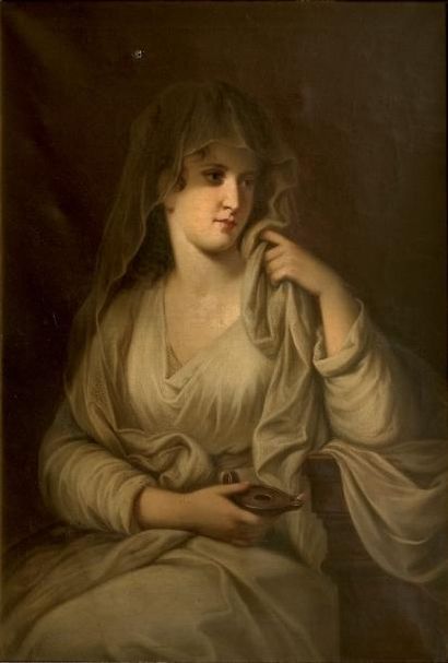DANS LE GOÛT D'ANGELICA KAUFFMAN Portrait de jeune vestale à la lampe. Toile. 100...