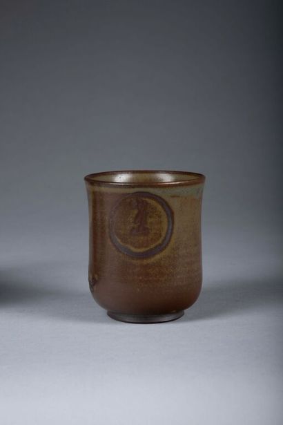JAPAN ? 
Stoneware tumbler with shaded brown-green...