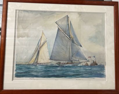 null René GOULET (1921-2012)
America's Cup 1903.
Watercolor and graphite on paper.
Signed,...