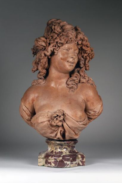 null French school.
Bust portrait of a bacchante. 
Terracotta proof. 
H. 53 cm. 
Marble...