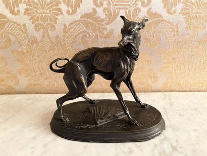 null After Pierre-Jules MÈNE. 
Greyhound with fan. 
Bronze proof with brown patina....