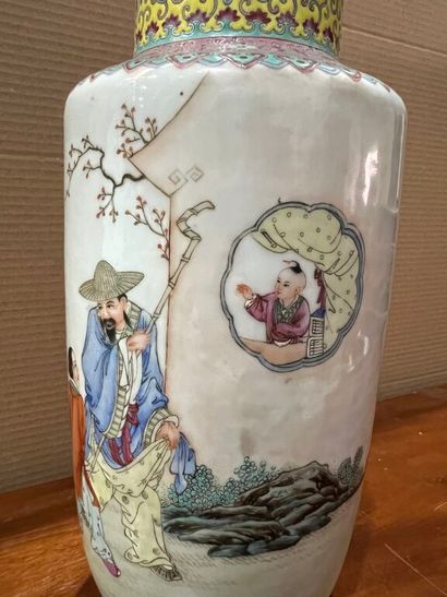 null CHINA. 
Porcelain vase with polychrome decoration of children and philosopher,...