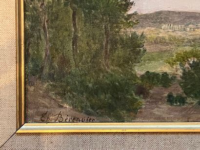 null Théophile BERENGIER (1951-1928). 
Landscape and view of Lavai?
Oil on panel....