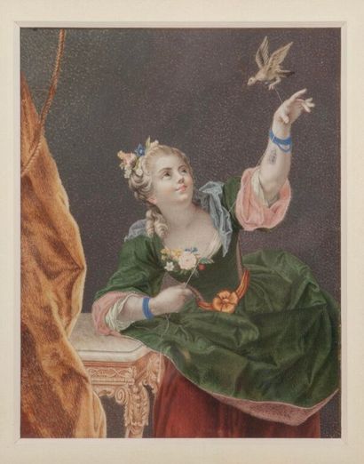 null French school of the 18th century.
Portraits of women holding a bird on a leash.
Pair...