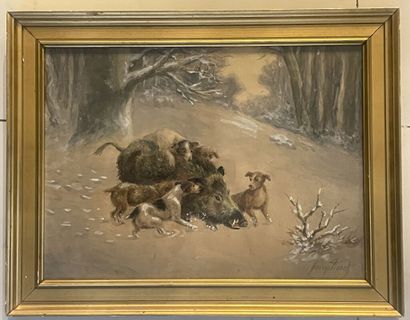 null Georges TISSET (20th).
Wild boar hunting.
Watercolor and white gouache highlights.
Signed...