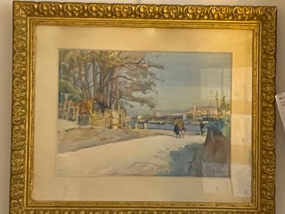 null Louis MONTAGNE. 
Peasant woman and child facing the sea. 
Watercolor. 
Signed...