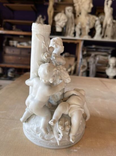 null After Hippolyte MOREAU ? 
Three cherubs playing with a goat.
Porcelain bisque...