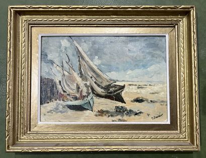 null 20th century school. 
Sailboats in the hold. 
Oil on cardboard. 
Signed lower...