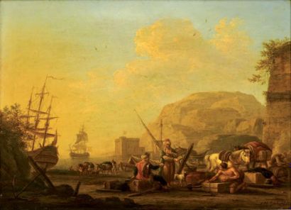 JEAN-MICHEL DIEBOLDT (1779-1824) Marchands orientaux sur un rivage rocheux. Panneau...