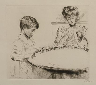 Paul César HELLEU (1859-1927) Mme Helleu et Jean jouant avec des animaux. Pointe...