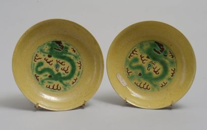 CHINE, XIXÈME SIÈCLE Paire de coupes en porcelaine émaillée jaune, vert et manganèse...