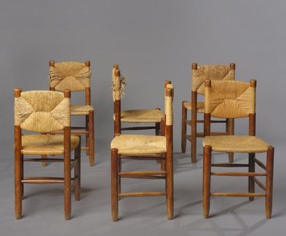 Charlotte PERRIAND (1903-1999) Suite de six chaises modèle n°18 " dos droit " à structure...