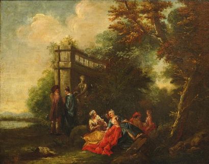 Ecole FRANCAISE du XIXème, dans le goût de Watteau Scène galante. 38,5 x 49 cm. Petites...