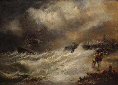ECOLE FRANCAISE DU XIXème siècle Navire dans la tempête au pied de Saint Malo ? Huile...
