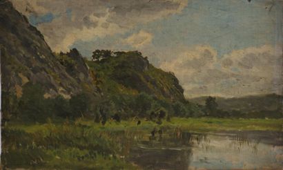 Edmond PETITJEAN (1844- 1925) Rochers près d'un étang. Huile sur toile libre (sans...