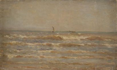 Edmond PETITJEAN (1844-1925) Voilier sur une mer agitée. Huile sur toile libre. 33,5...