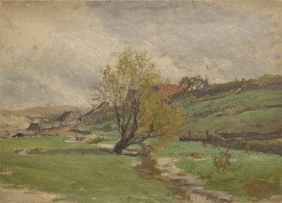 Edmond PETITJEAN (1844-1925) Arbre près du ruisseau. Neufchâteau ? Huile sur toile...