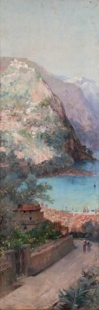 Emile DAMERON (1848-1908) Route en bord de mer en Méditerranée. Huile sur toile,...