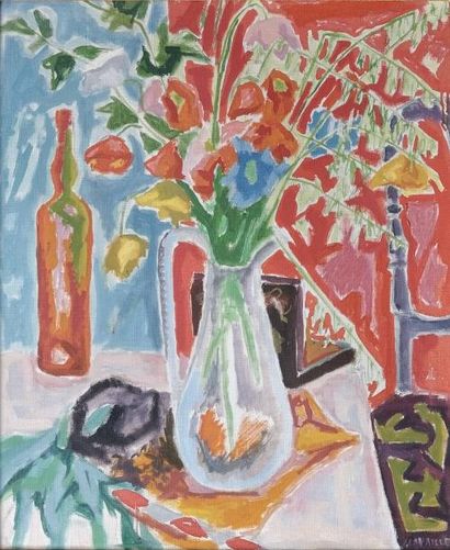 Jules CAVAILLES (1901-1977) Nature morte au broc de fleurs et bouteille. Huile sur...