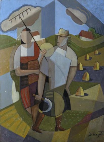 Bela de KRISTO (1920-2006) Les foins. Huile sur carton, signé en bas à droite. 61...