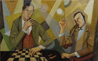 Bela de KRISTO (1920-2006) Les joueurs d'échecs. Huile sur isorel, signé en haut...