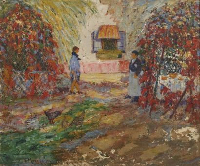 Francis Norton JOHNSON (1878-1931) Restaurant en plein air. Huile sur carton, signé...