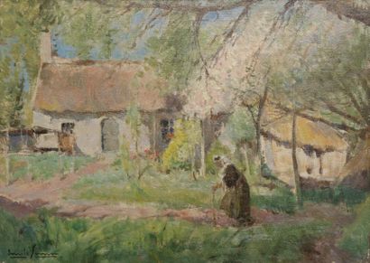 Emile SIMON (1890-1976) La maison de Marie Jeanne au printemps. Huile sur panneau,...