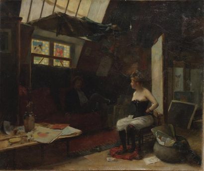 Albert CRESSWELL (1879-1936) L'atelier du peintre. Huile sur panneau, signé en bas...