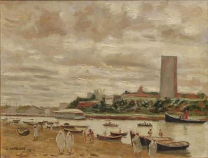 André HAMBOURG (1909-1999) Rabat-Salé, le Bouregreg, 1938. Huile sur isorel, signé...