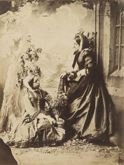Félix Jacques Antoine MOULIN (1802-1875) Deux femmes dans un décor de jardin, vers...