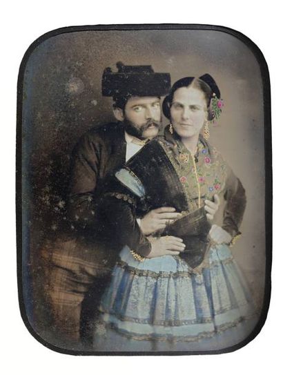 Alphonse DELAUNAY (Rouen 1827 - Paris 1906) Autoportrait avec une femme en costume...