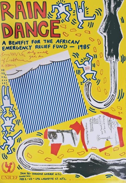 KEITH HARING. (1958-1990). Rain dance, 1985. Affiche. Offset en couleurs réalisé...