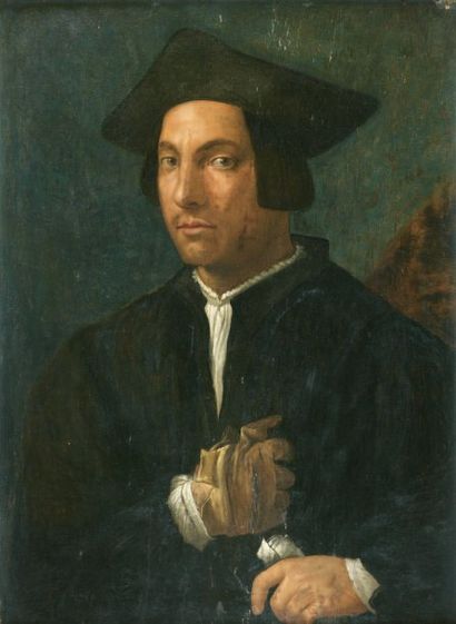 ÉCOLE FLORENTINE DU XVIe SIÈCLE. Portrait d'homme au gant. Panneau, 70 x 49,5cm....